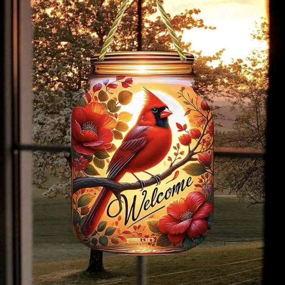 2D Mason Jar "Welcome" Cardinal Suncatchers 6.5" x 5" - Picture 3 of 7